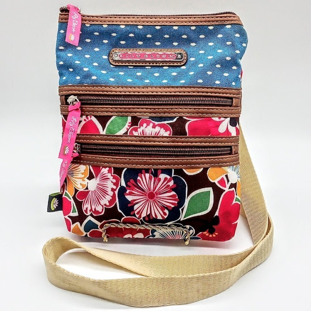 Lily Bloom Blue Polka Dot Multicolor Floral Crossbody Bag